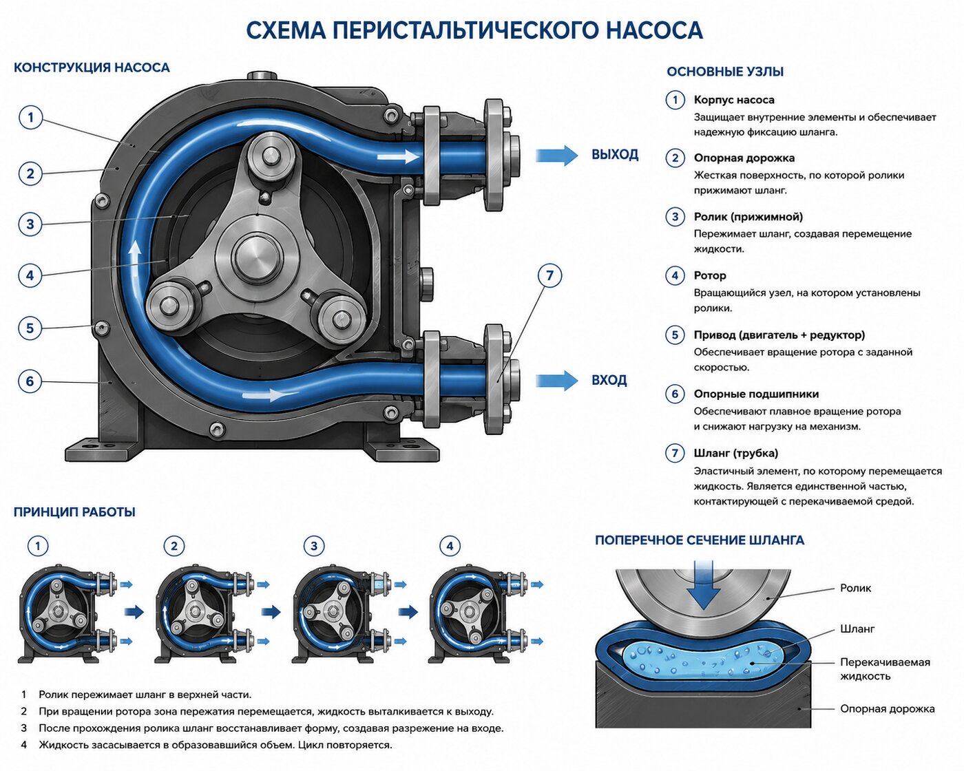 Схема конструкции дозирующего перистальтического насоса